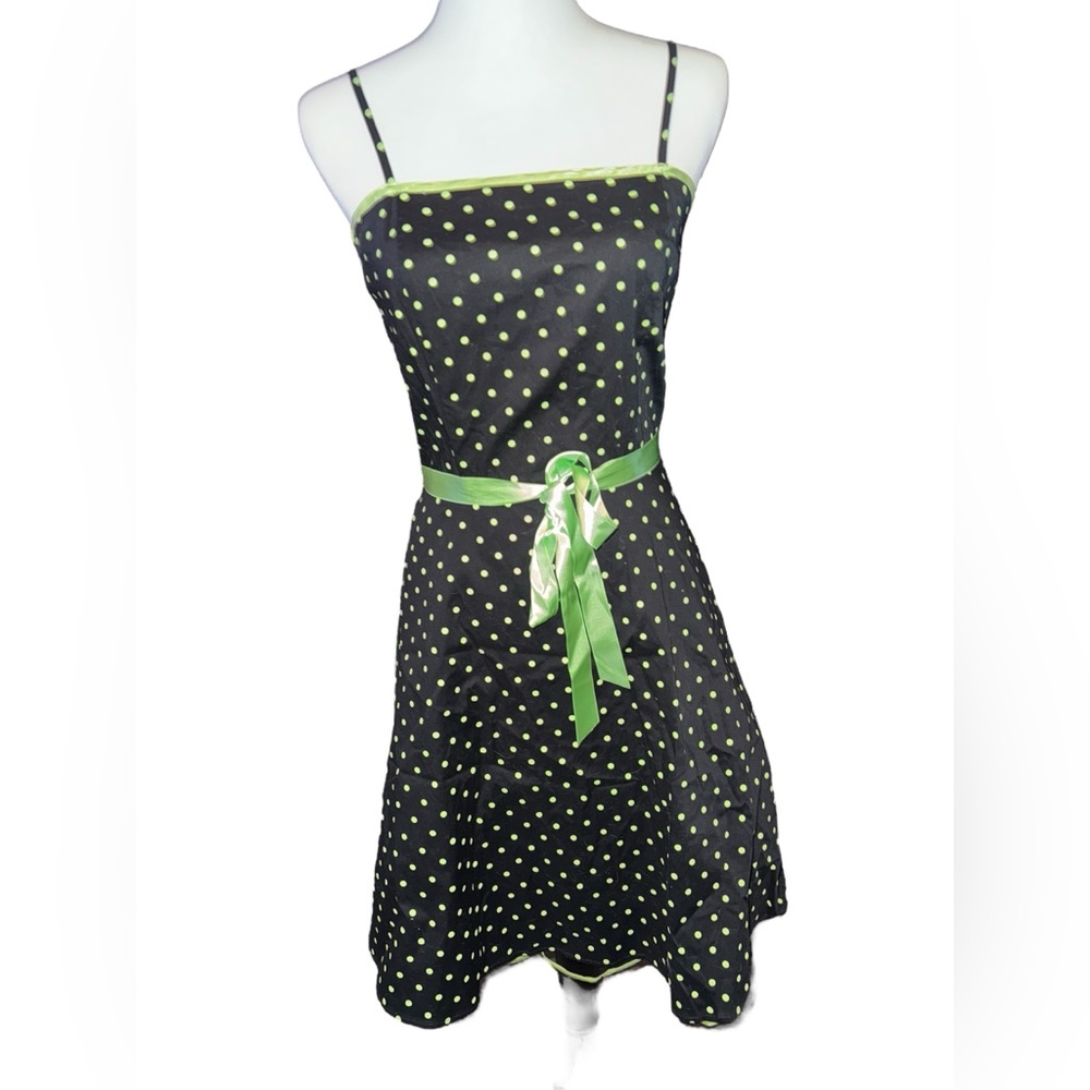 Pulse Dress Skater Poofy Medium Black Green Polka Dot Strap Gothic Punk Pinup